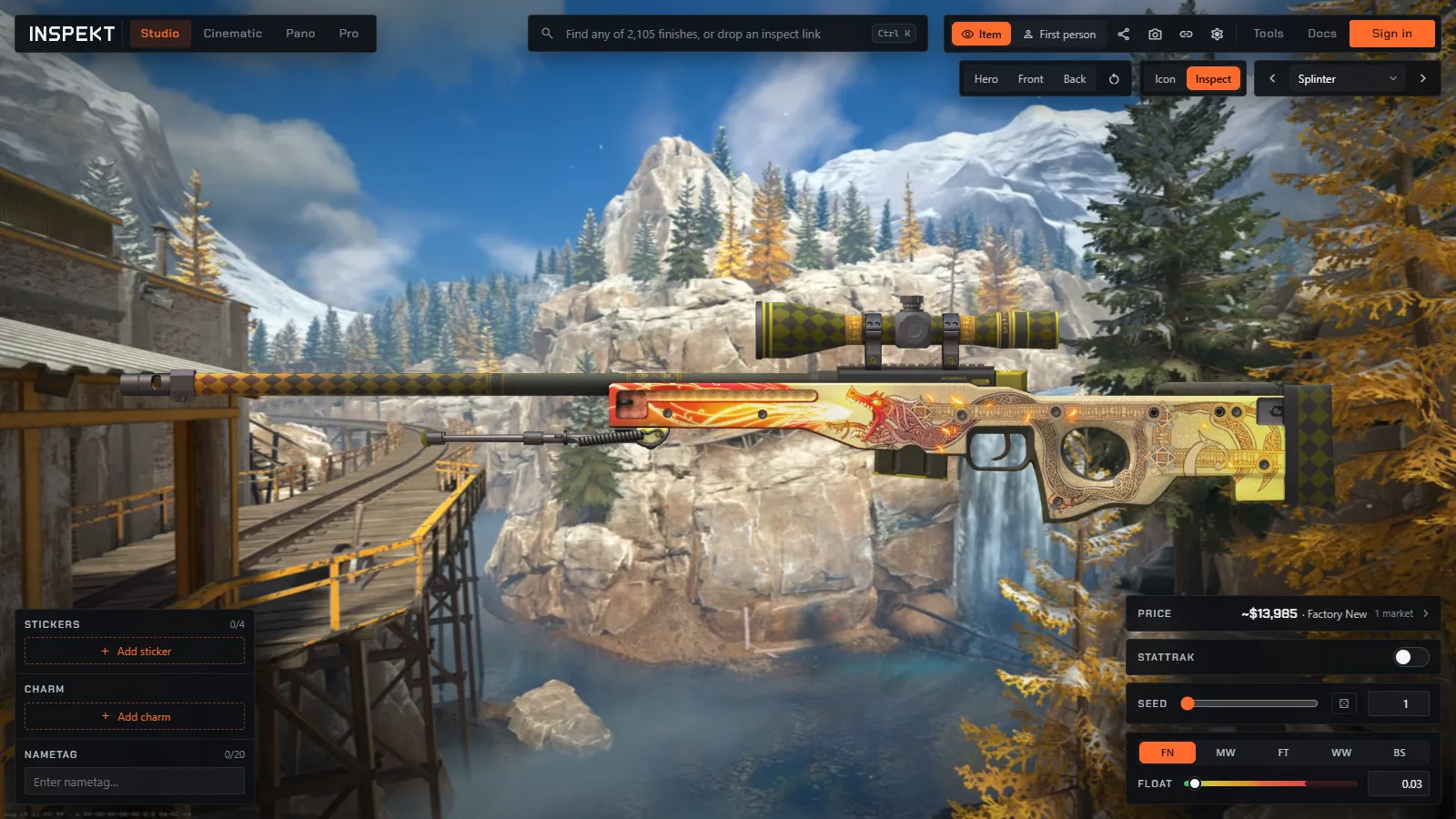 Inspekt's studio showing an AWP | Dragon Lore in 3D, with the sticker, charm, name tag, seed and float controls